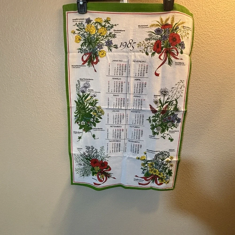 1985 Vintage Portuguese Linen Cloth Calendar Tea Towel Wall Hanging Flowers Rare